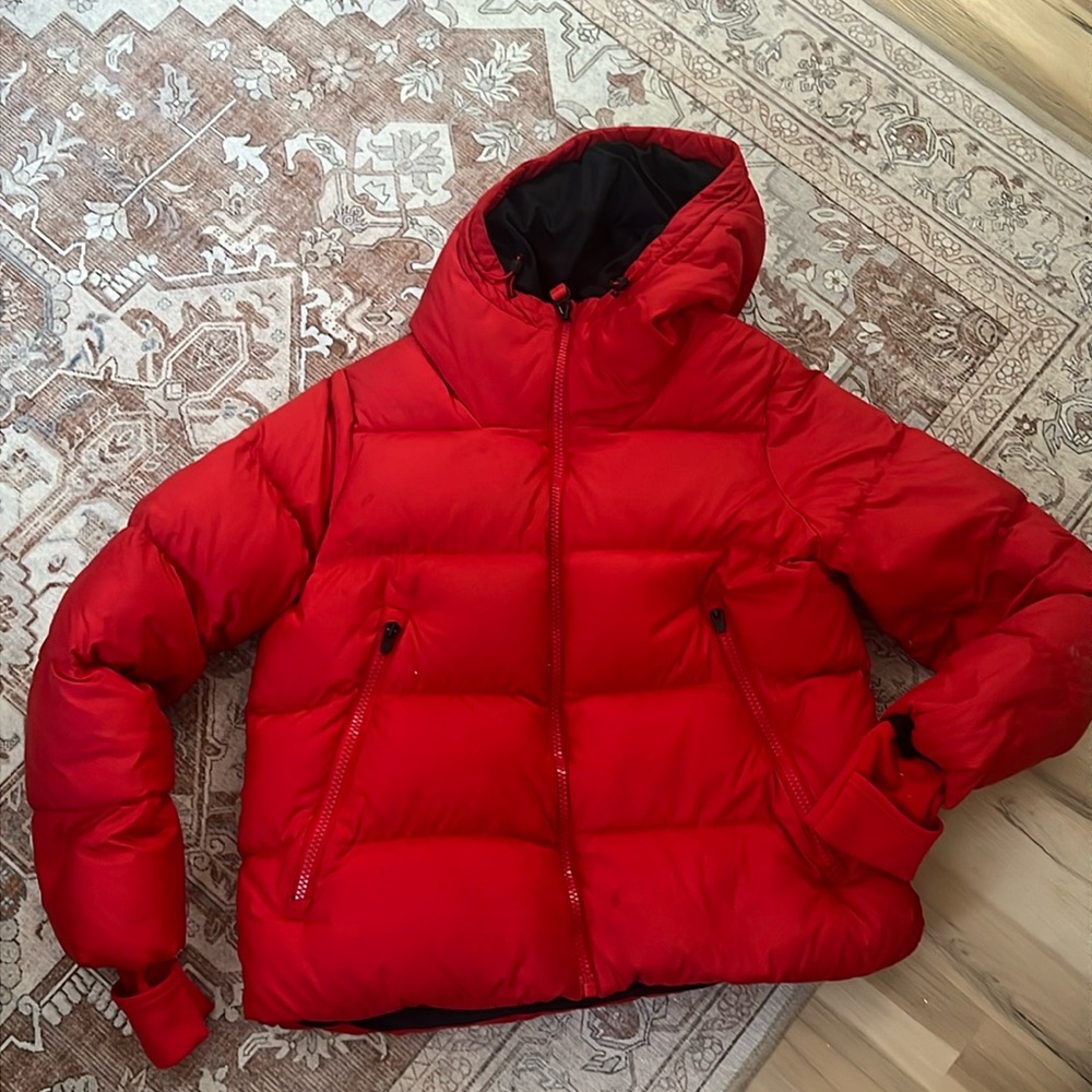 Athleta Goose Down Jacket Red Thumbholes Hooded Women Size Medium
